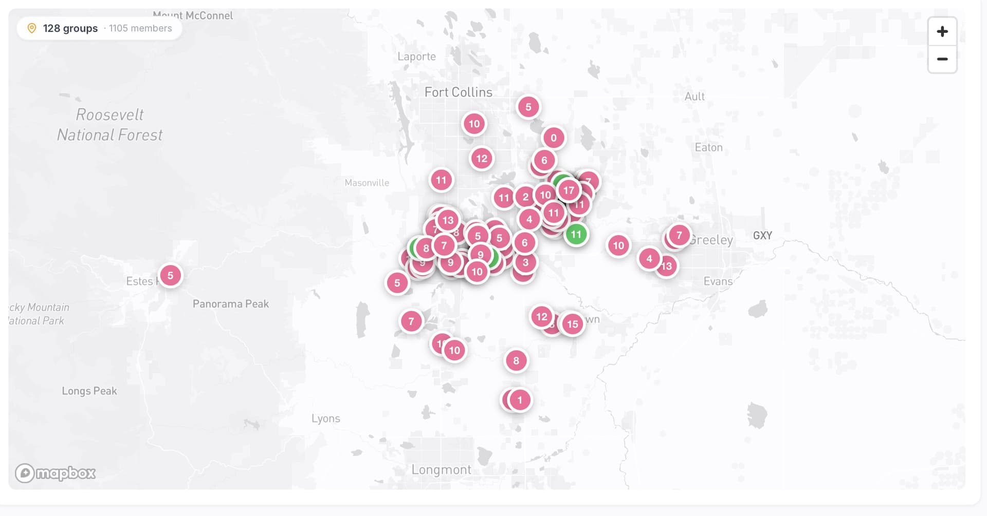 Interactive map showing 128 small groups and 1,105 members clustered across the Fort Collins area