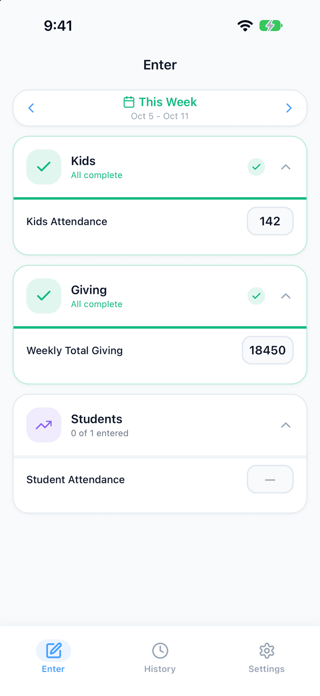 Vitals mobile app Enter screen with this week's kids attendance, giving and student numbers