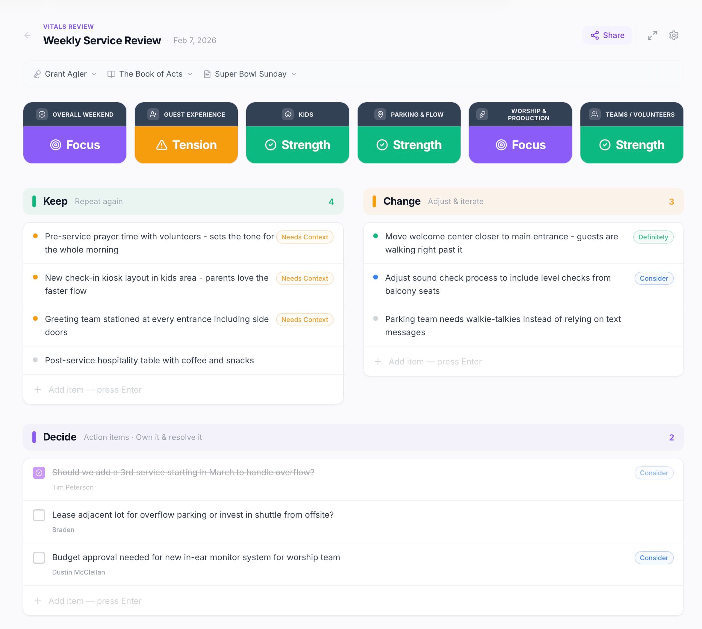 Vitals Review showing weekly service debrief with category scorecards and Keep, Change, Decide columns